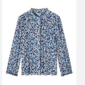 Jigsaw Blue White Fitted Buttoned Blouse Shadow Ditsy Crinkle Top floral 8